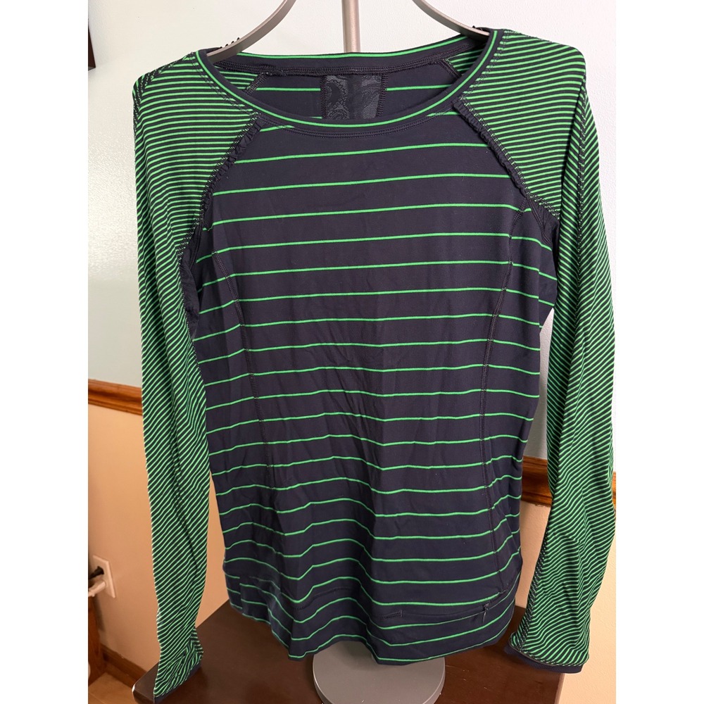 Lululemon Striped Mesh Back Long Sleeve Running Top Navy Green